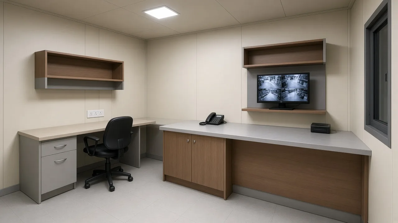 visitor management cabin Pakistan interior counter and CCTV desk