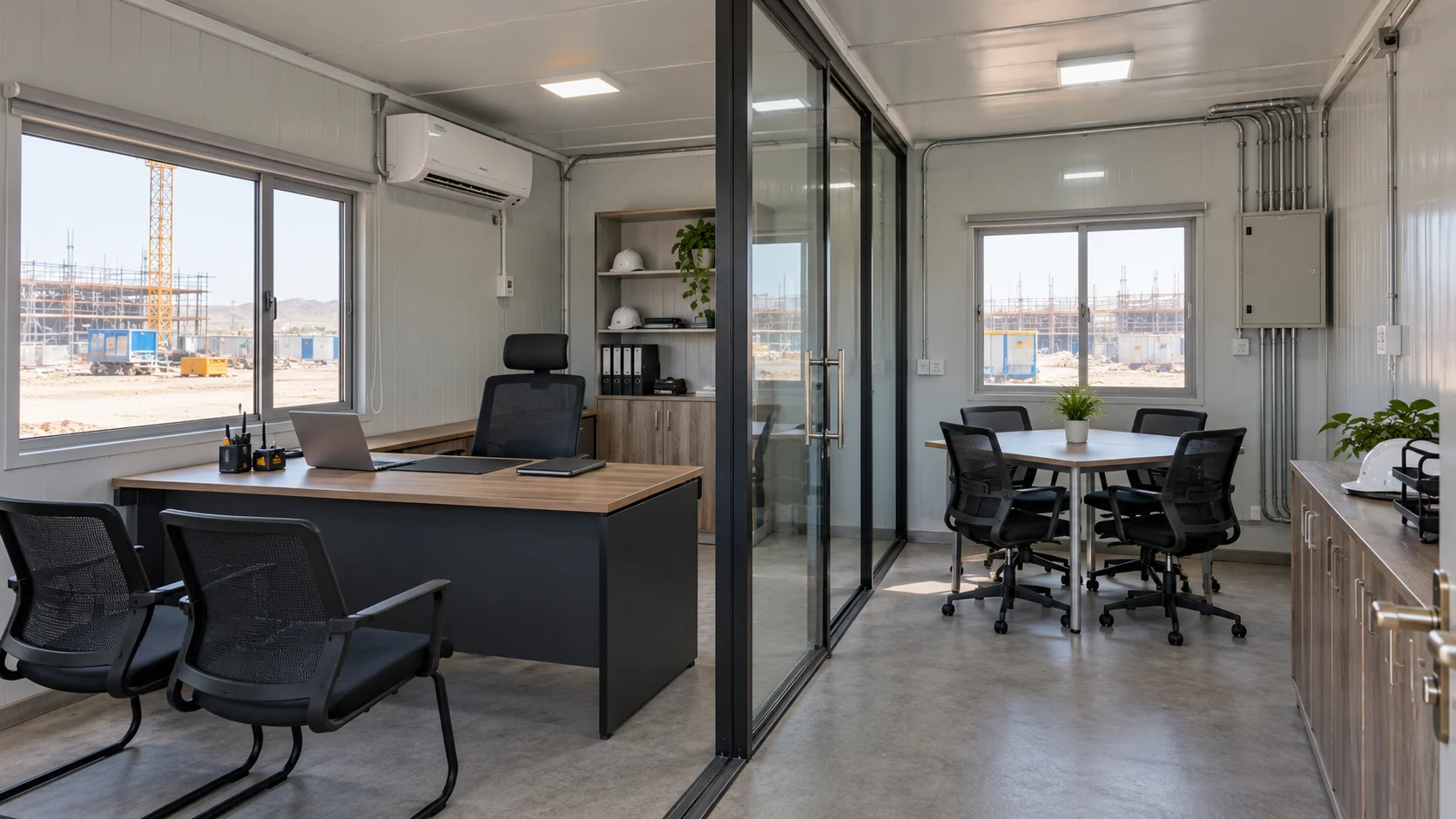 Office container interior with glass partition, desk, meeting table, storage and electrical conduits