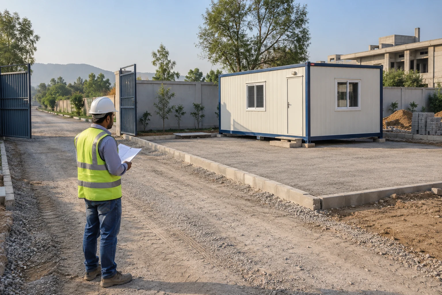 Site supervisor checking access route and prepared pad before portable office cabin delivery