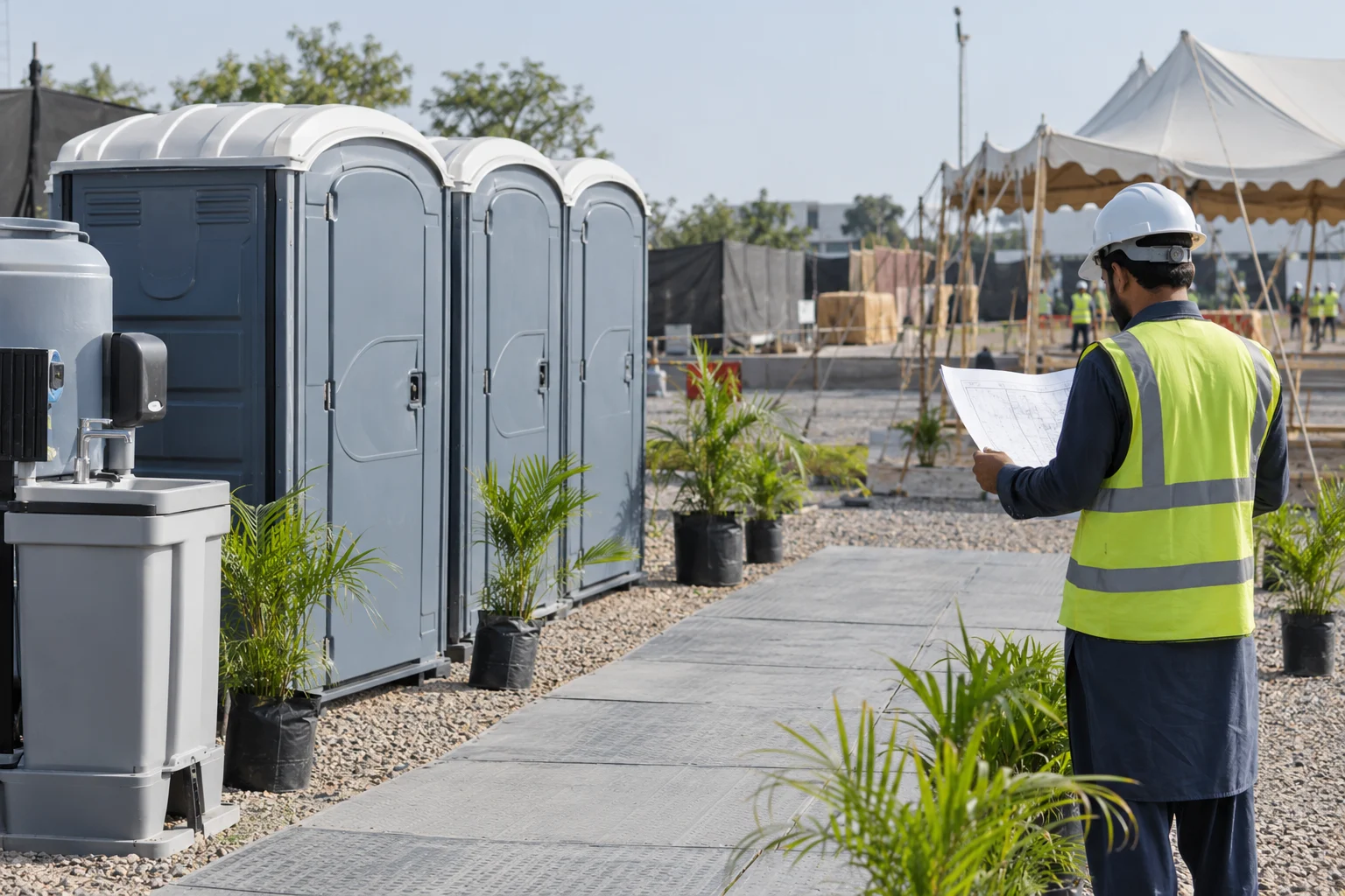 Portable washroom area with handwashing station and clear pedestrian path