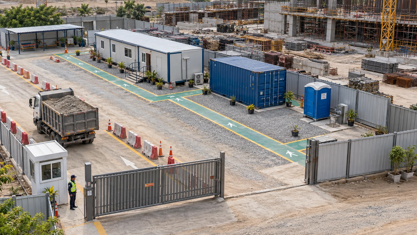 Construction site facilities plan with office cabin, storage container, portable washroom, security cabin, pedestrian route and delivery lane