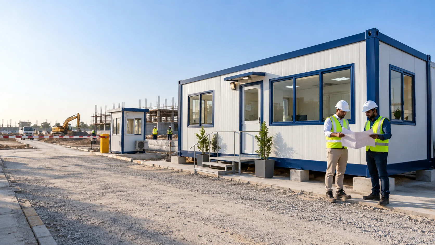 Insulated site office cabin and security cabin arranged on a construction project in Pakistan